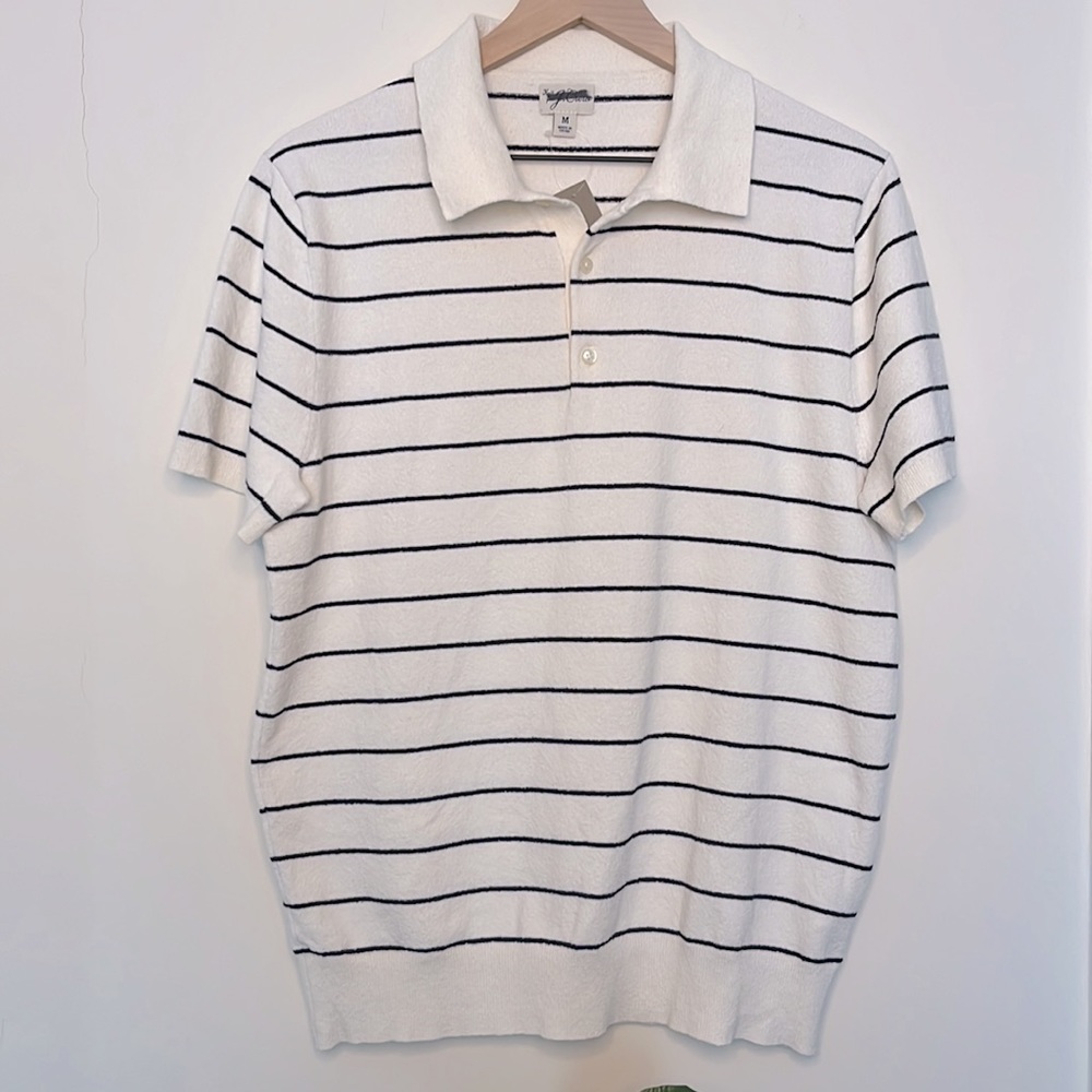 J. Crew White Black Stripe Short Sleeve Sweater Polo Shirt Size Medium